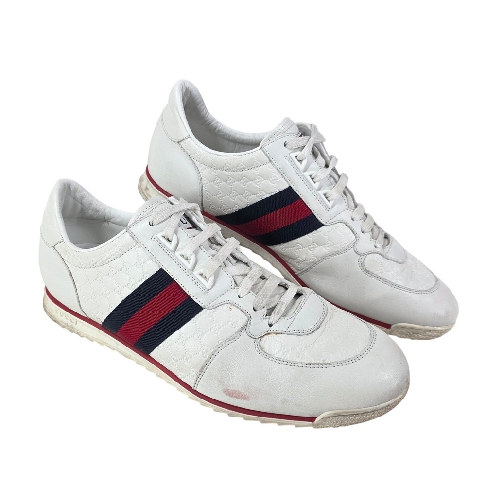 Gucci White Guccissima Leather Sneakers Mens 9 G US 10 Wide Web Stripe Low Top - Picture 1 of 15